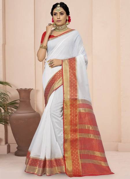 White Colour Sangam Red Chilli Fancy Wear Cotton Heavy Designer Saree Collection 1562